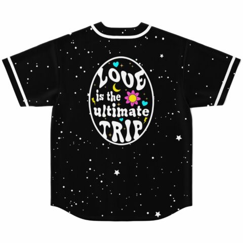 Back view of black rave baseball jersey reading love is the ultimate trip, starry design