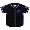 Black baseball jersey with blue liquid swirl print and Rave Daddy chest text, front view