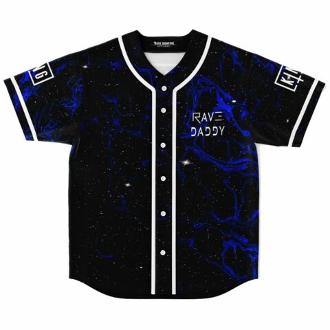 Black baseball jersey with blue liquid swirl print and Rave Daddy chest text, front view