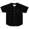 Black baseball jersey with red sacrifice-branded emblem on chest, front view flat lay
