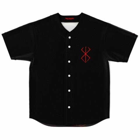 Black baseball jersey with red sacrifice-branded emblem on chest, front view flat lay