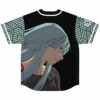 Black anime girl rave baseball jersey back view with teal hair profile graphic