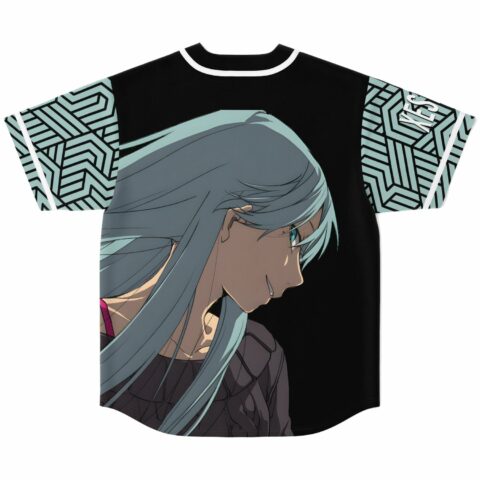 Black anime girl rave baseball jersey back view with teal hair profile graphic