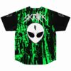Back view of dripping acid green jersey with bold text and large alien face graphic