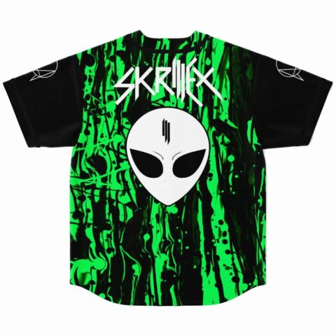 Back view of dripping acid green jersey with bold text and large alien face graphic