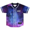 Purple starry galaxy print baseball jersey with A.N.D lettering front view laid flat