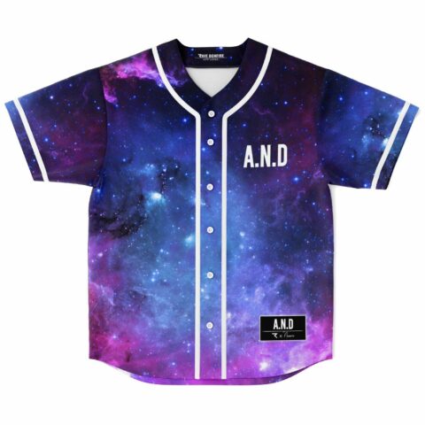 Purple starry galaxy print baseball jersey with A.N.D lettering front view laid flat