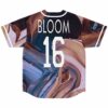 Brown and blue swirling marble jersey back view with BLOOM 16 lettering