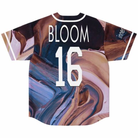 Brown and blue swirling marble jersey back view with BLOOM 16 lettering