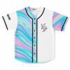 Front view of holographic oil swirl baseball jersey with white panels and cartoon Z logo