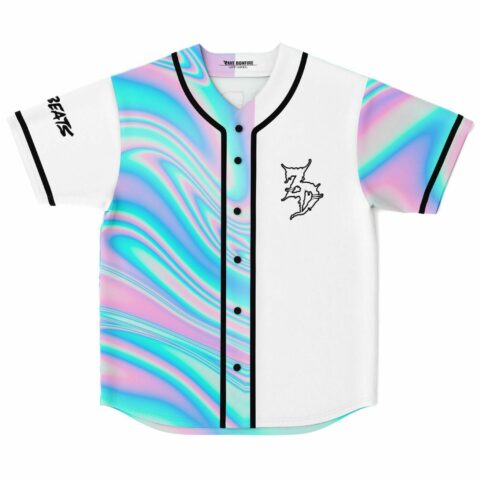 Front view of holographic oil swirl baseball jersey with white panels and cartoon Z logo