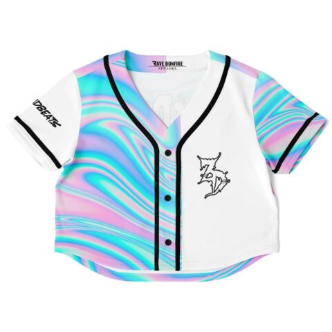 White and colorful swirl design rave crop top with black accents