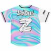 Back view of iridescent swirl jersey with Zed's Dead text and cartoon glove hands graphic