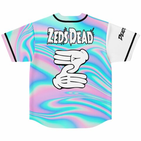 Back view of iridescent swirl jersey with Zed's Dead text and cartoon glove hands graphic