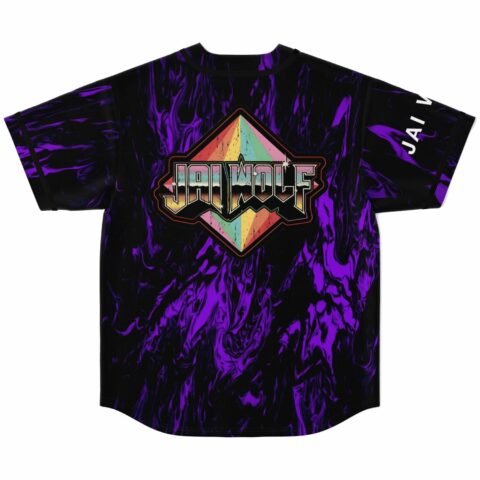 Purple liquid marble jersey back with retro rainbow diamond Jai Wolf logo patch