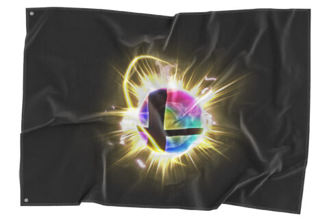 Black rave flag with glowing rainbow orb burst design flat on grommets