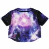 Cosmic purple rave cropped baseball jersey with meditative figure, back view
