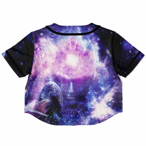 Back view of cosmic purple cropped jersey with meditative figure