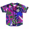 Hot pink psychedelic swirling rave baseball jersey flat lay front view with Lost Minds graphic