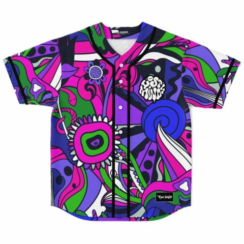 Hot pink psychedelic swirling rave baseball jersey flat lay front view with Lost Minds graphic
