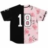 Back view of The Weeknd fan rave baseball jersey, black and pink floral panels with the custom number