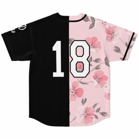 Split jersey back view with black and pink floral panels and number 18