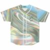 Holographic swirl rave baseball jersey with bunny logo on chest, front view