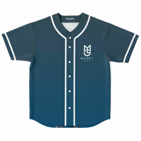 Teal navy rave baseball jersey with white pinstripe trim and Macky Gee logo, front view