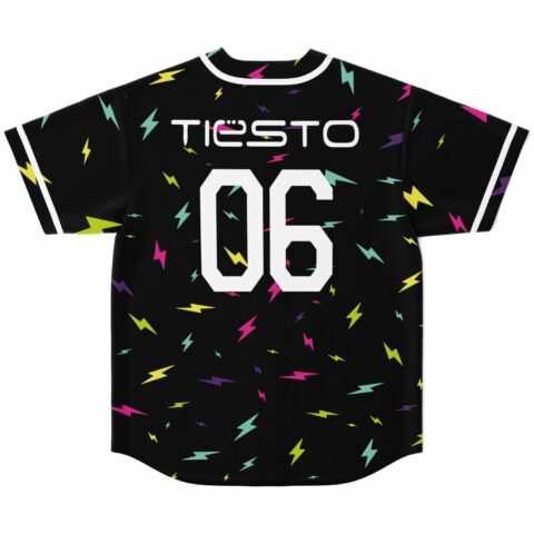 Black scattered lightning rave baseball jersey with bold 06 print, back view