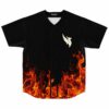 Black rave baseball jersey with rising flame print and phoenix wing logo, front flat lay