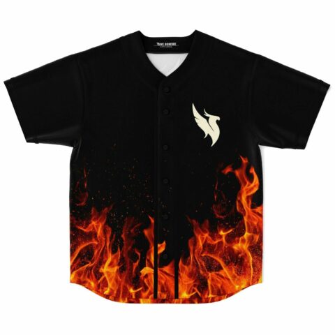 Black rave baseball jersey with rising flame print and phoenix wing logo, front flat lay