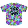 Back view of rave jersey showing dense smiley pile pattern with Good Vibes text