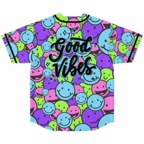 Back view of rave jersey showing dense smiley pile pattern with Good Vibes text