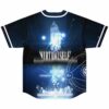 Back view of blue rave jersey with crystal spire and glowing flower design