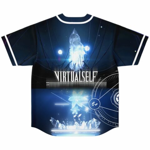 Back view of blue rave jersey with crystal spire and glowing flower design
