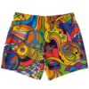 Back view of psychedelic swim trunks showing swirl fish and peace sign design