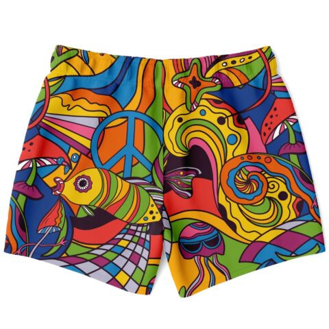 Back view of psychedelic swim trunks showing swirl fish and peace sign design