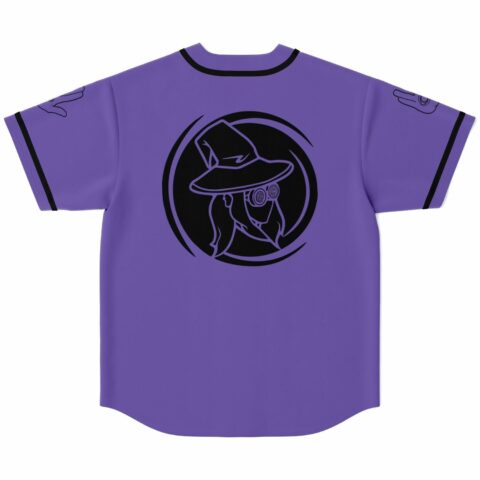 Purple rave jersey back view with hooded goggle face graphic in circular badge