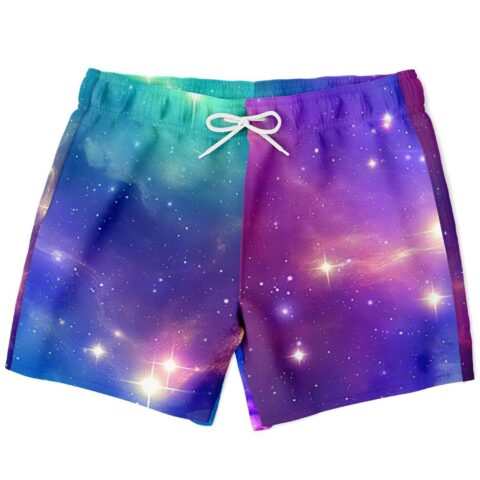 Purple outer space rave swim trunks with split teal and violet galaxy print, front view