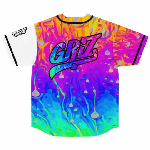 Back view of psychedelic swirl jersey with bold GRiZ text arching across the shoulders