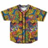Psychedelic rave baseball jersey with peace signs and mushroom swirl print laid flat front view
