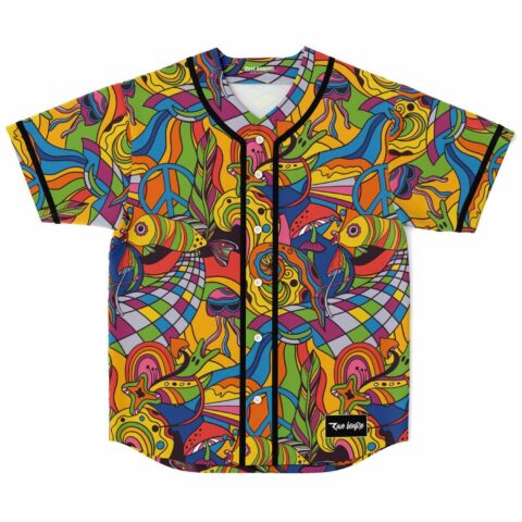 Psychedelic rave baseball jersey with peace signs and mushroom swirl print laid flat front view