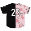 Flat lay back view of The Weeknd XO fan rave baseball jersey, split black and cherry blossom with the custom number