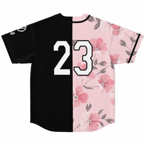 Split black and cherry blossom jersey back view with number 23 flat lay
