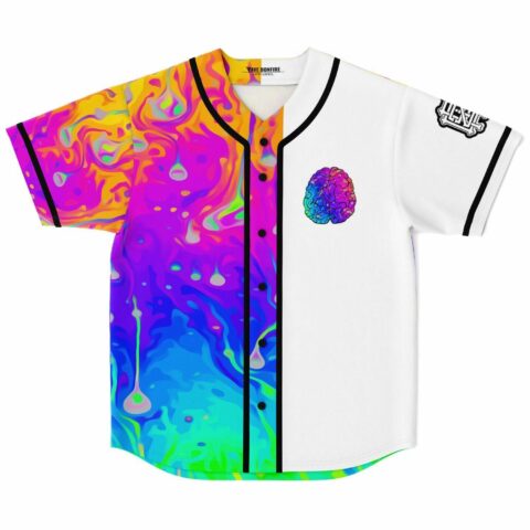 Neon acid trip baseball jersey, white panel, colorful brain graphic on chest