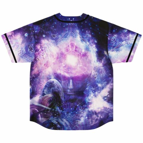Purple psychedelic cosmic rave jersey back view showing glowing meditating figure amid starry nebula