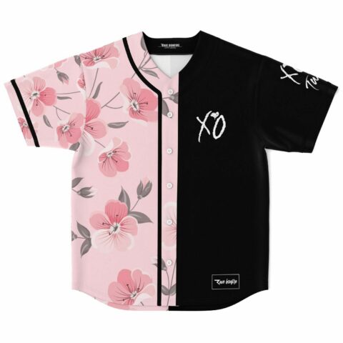 Split cherry blossom and black baseball jersey with XO text front view flat lay