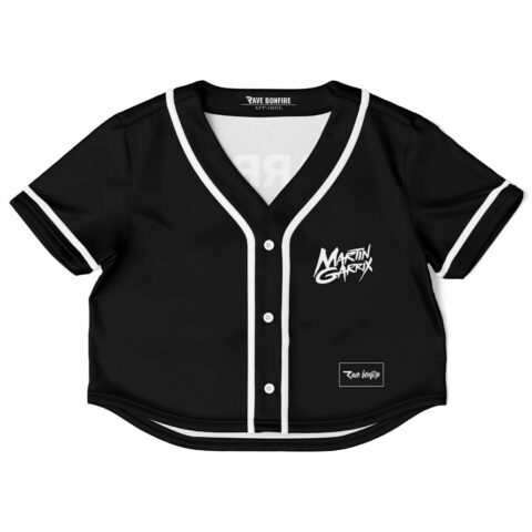 Black rave crop top with white stripes and logo design on front