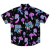 Black short sleeve rave button-down shirt with a colorful mushroom pattern