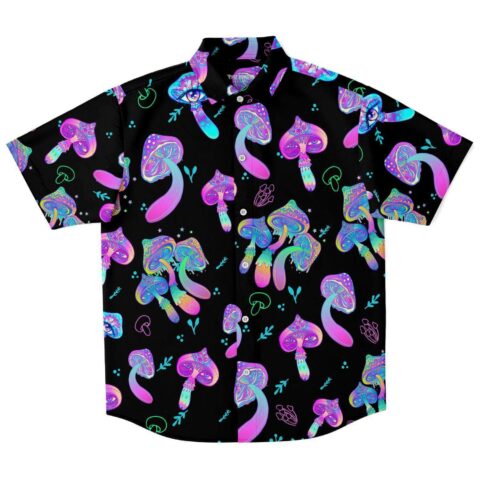 Colorful mushroom pattern short sleeve button shirt black